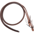 Heavy harness and latigo split reins, coiled and seen from above. Harness leather faces a darker latigo backing, stitched together along both edges down to the tied ends.