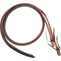 Heavy harness and latigo split reins, coiled and seen from above. Harness leather faces a darker latigo backing, stitched together along both edges down to the tied ends.