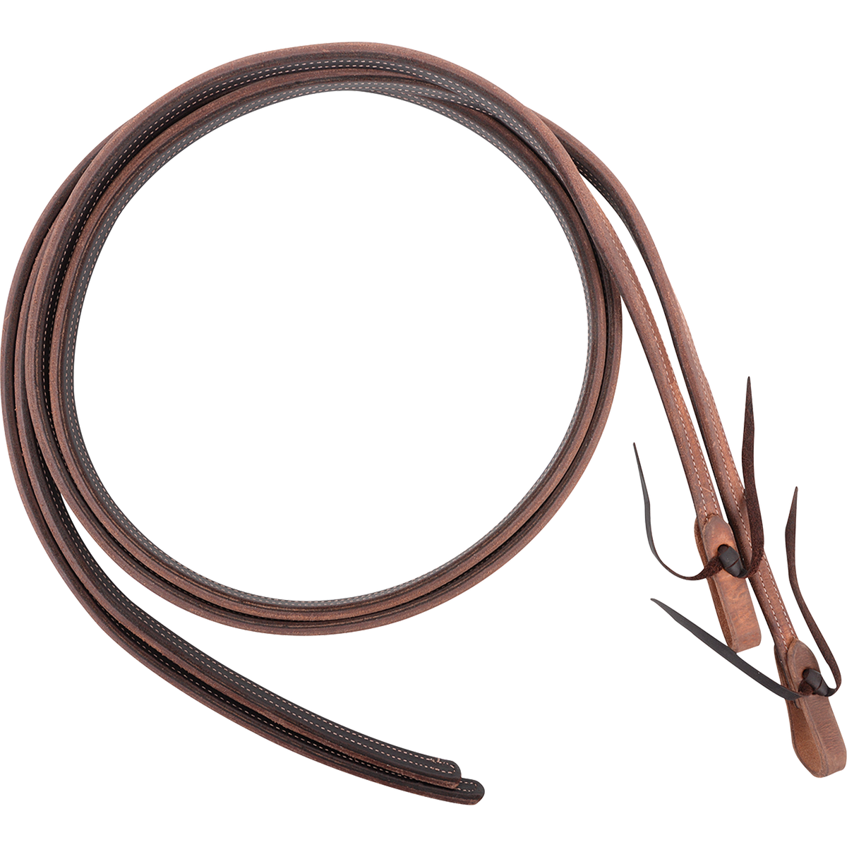 Heavy harness and latigo split reins, coiled and seen from above. Harness leather faces a darker latigo backing, stitched together along both edges down to the tied ends.