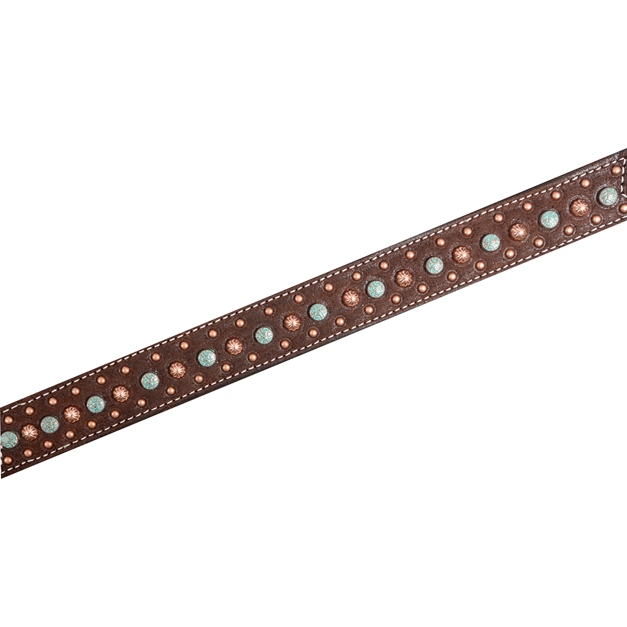 Chocolate roughout breast collar strap running diagonally across the frame. Embossed floral spots alternate with turquoise-toned dots down the center, flanked by smaller dots and white stitching on this western horse breast collar.