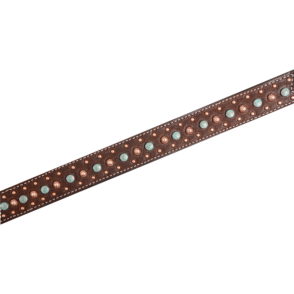 Chocolate roughout breast collar strap running diagonally across the frame. Embossed floral spots alternate with turquoise-toned dots down the center, flanked by smaller dots and white stitching on this western horse breast collar.
