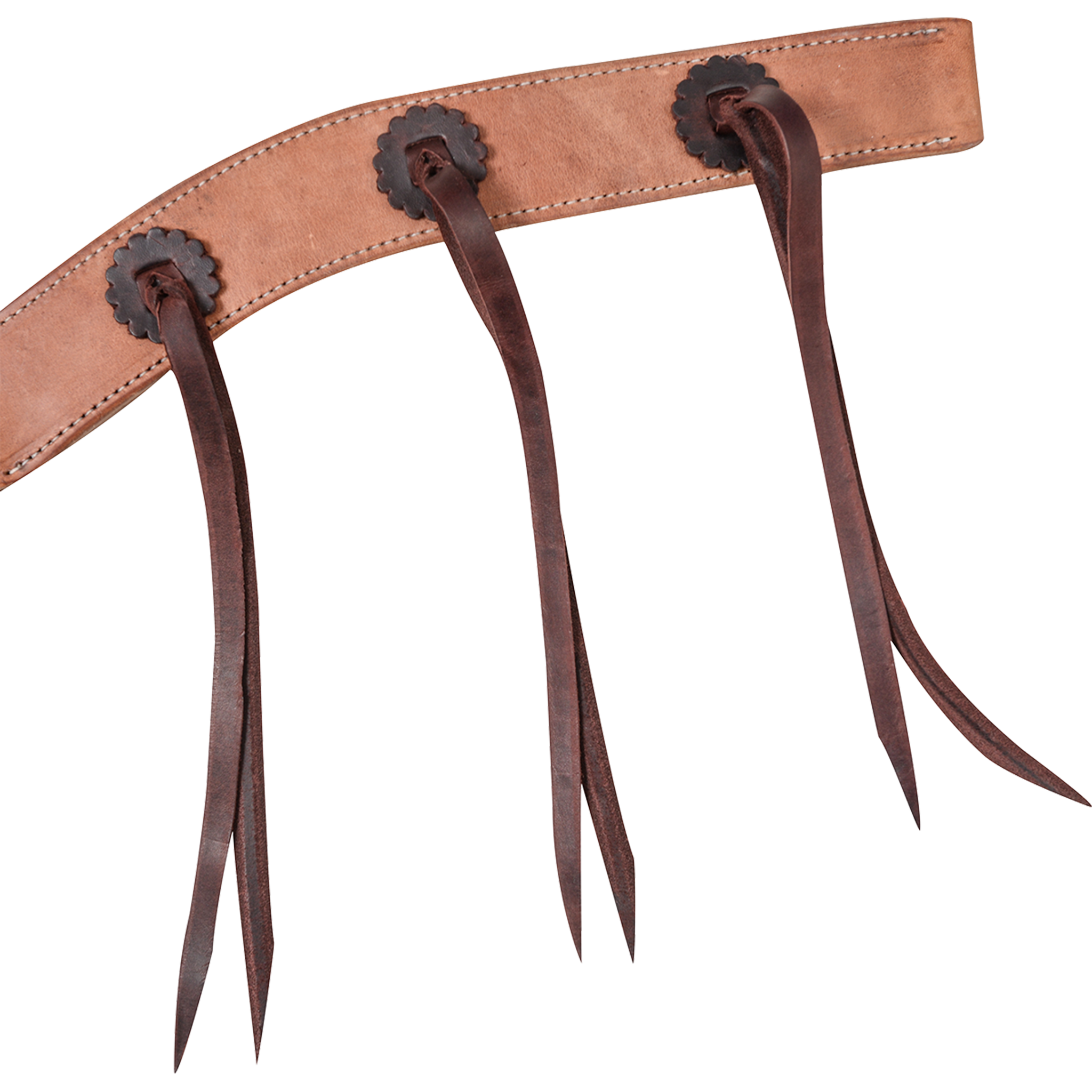 Harness leather breast collar strap with dark latigo rosettes, each tied with long latigo strings. Stitching follows both edges of the strap on this Martin Saddlery western breast collar.