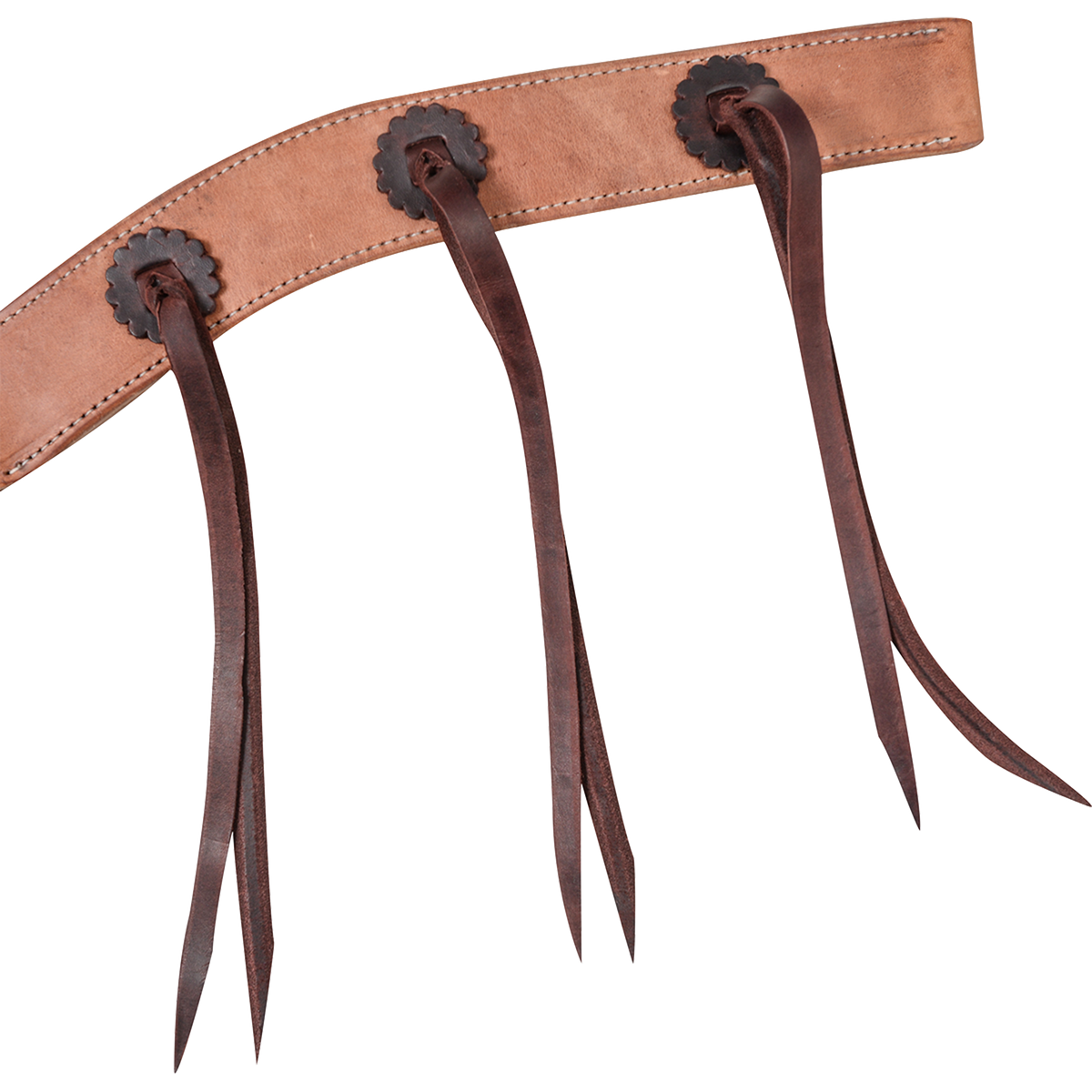 Harness leather breast collar strap with dark latigo rosettes, each tied with long latigo strings. Stitching follows both edges of the strap on this Martin Saddlery western breast collar.