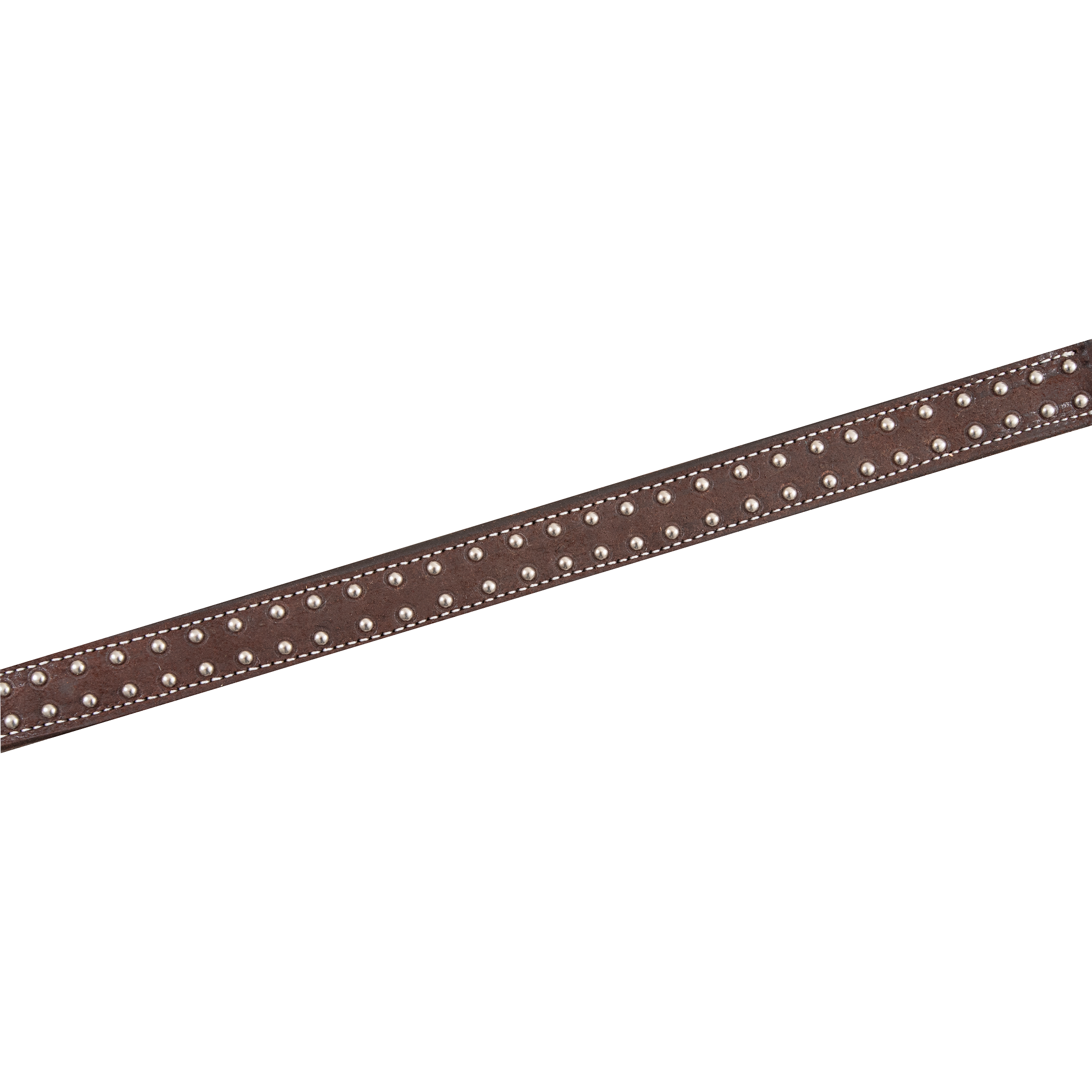 Chocolate roughout leather breast collar strap set diagonally across the frame. Staggered rows of small silver dots run the length of the textured western strap, framed by white stitching on each edge.