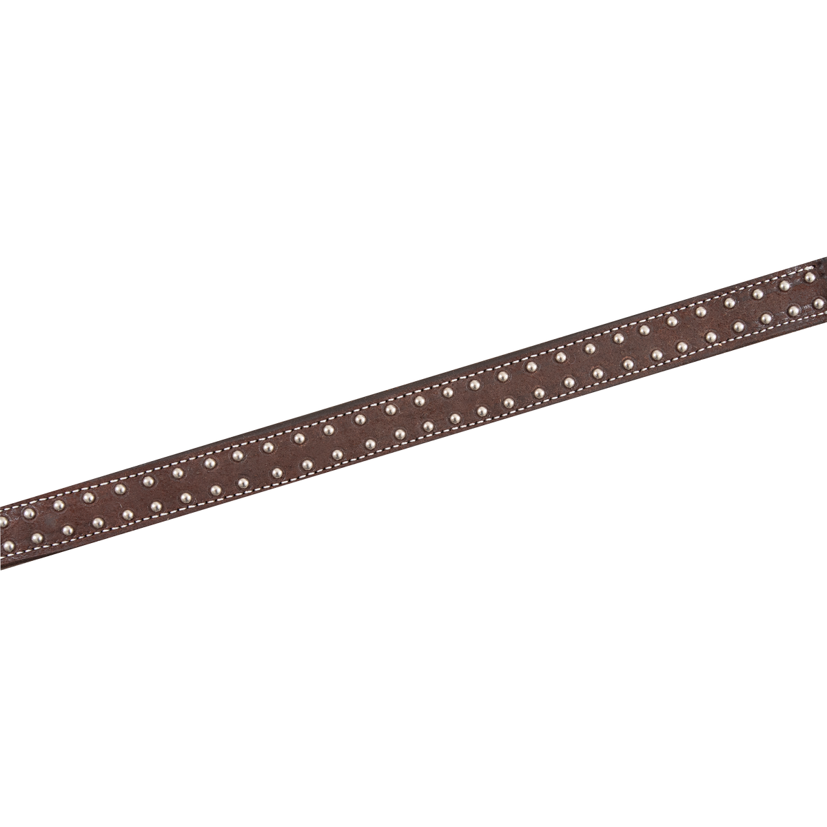 Chocolate roughout leather breast collar strap set diagonally across the frame. Staggered rows of small silver dots run the length of the textured western strap, framed by white stitching on each edge.