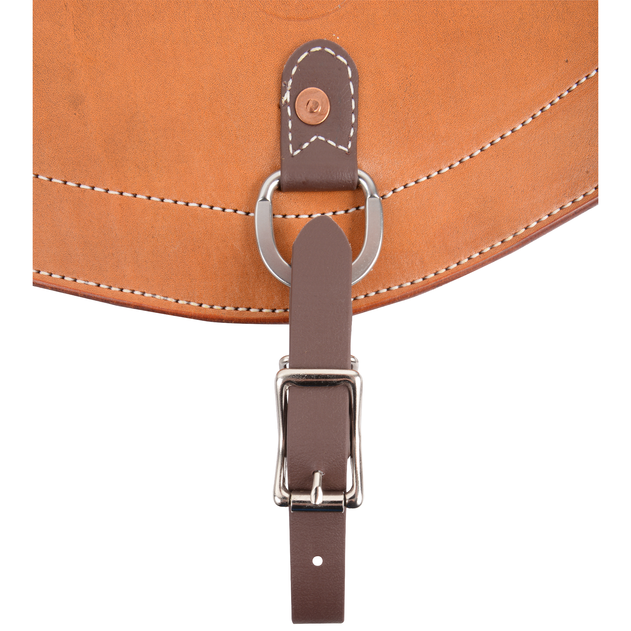 Flank cinch hobble strap attached to the center ring of a natural leather flank cinch, seen up close. The dark strap fastens with a roller buckle below the ring.