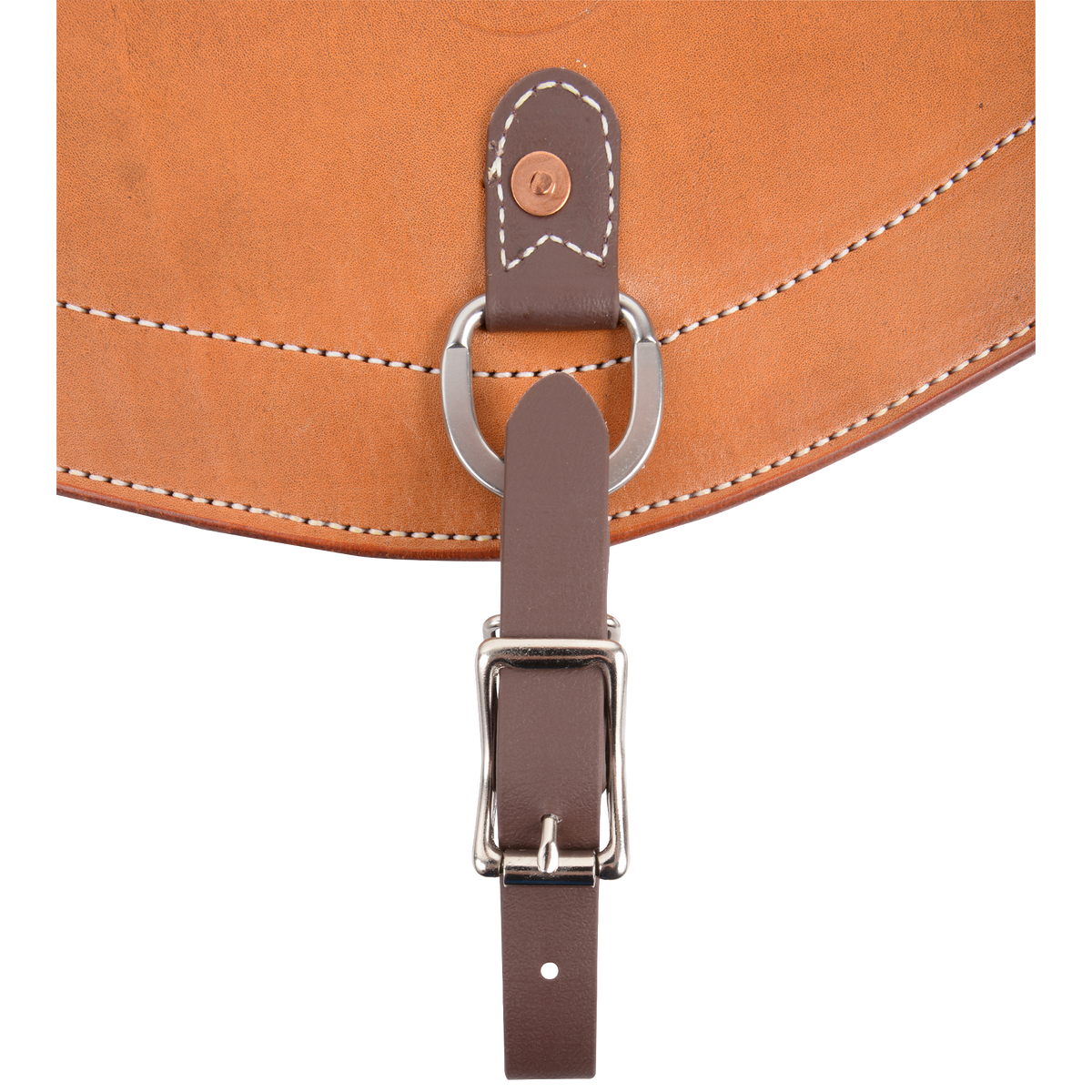 Flank cinch hobble strap attached to the center ring of a natural leather flank cinch, seen up close. The dark strap fastens with a roller buckle below the ring.