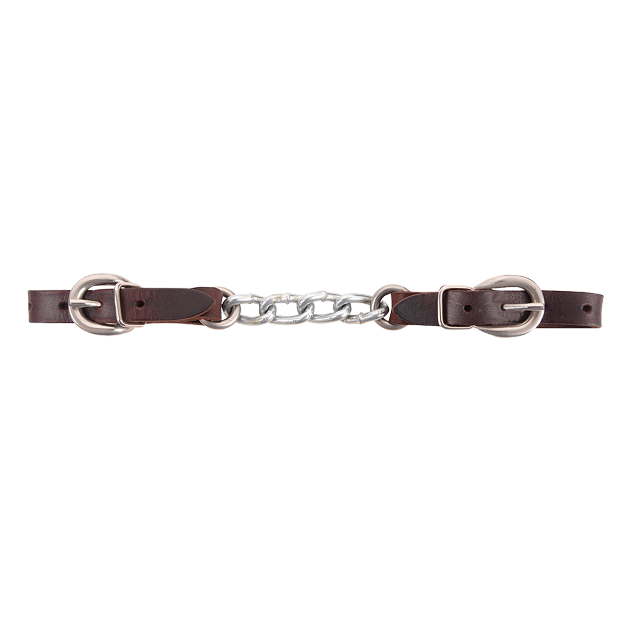 Jim Edwards specialty curb chain, laid flat and seen from above. Dark leather ends with buckles join a short run of stainless steel chain links at the center.