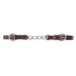 Jim Edwards specialty curb chain, laid flat and seen from above. Dark leather ends with buckles join a short run of stainless steel chain links at the center.