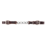 Jim Edwards specialty curb chain, laid flat and seen from above. Dark leather ends with buckles join a short run of stainless steel chain links at the center.