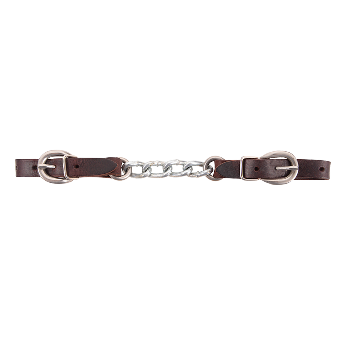 Jim Edwards specialty curb chain, laid flat and seen from above. Dark leather ends with buckles join a short run of stainless steel chain links at the center.