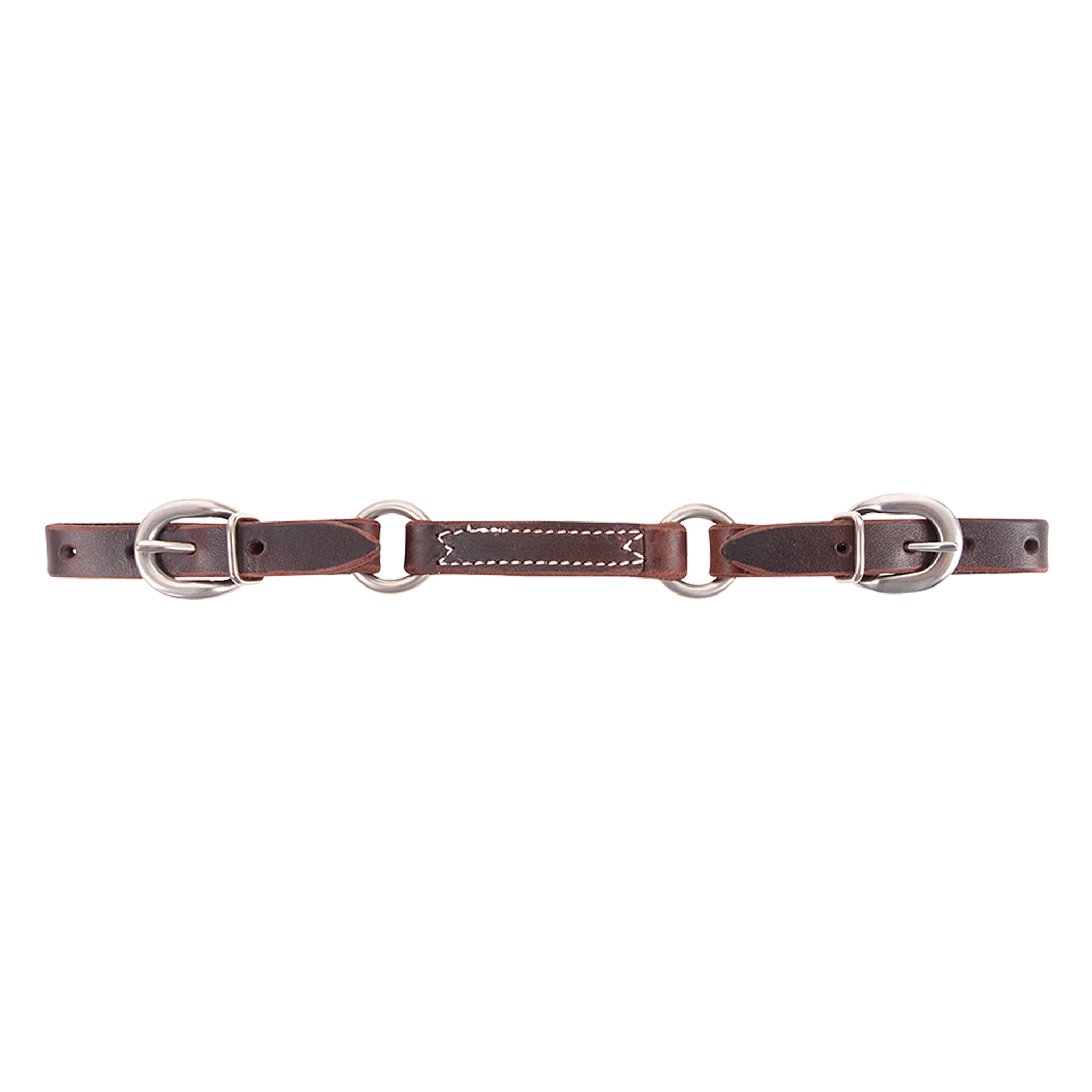 Jim Edwards specialty leather curb strap, laid flat and seen from above. A stitched dark leather center sits between rings, with buckled leather ends for adjustment.