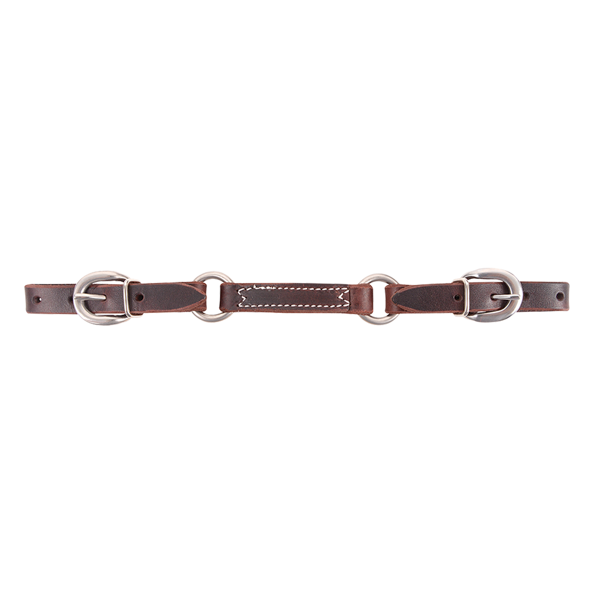Jim Edwards specialty leather curb strap, laid flat and seen from above. A stitched dark leather center sits between rings, with buckled leather ends for adjustment.