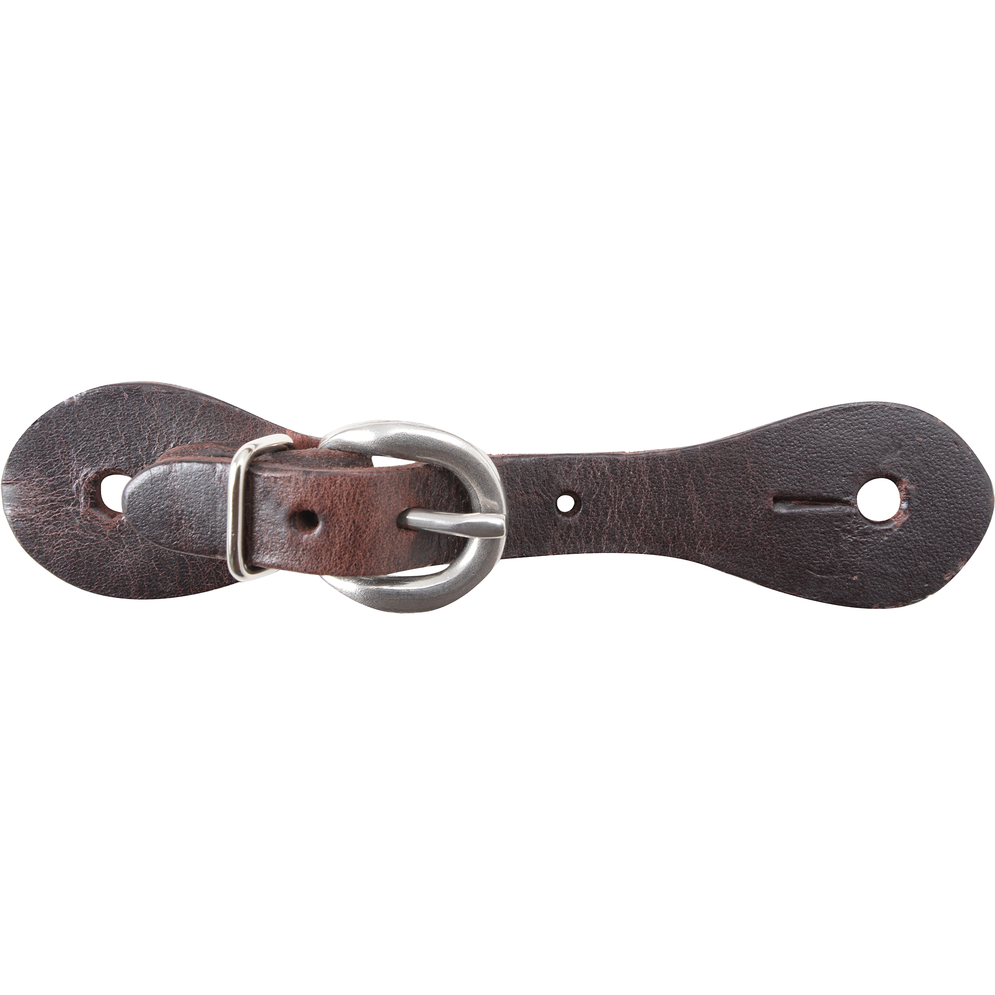 Kids latigo spur strap from Martin Saddlery, seen from above. The dark latigo leather strap has rounded ends with slotted holes and a buckle at the center.