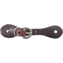 Kids latigo spur strap from Martin Saddlery, seen from above. The dark latigo leather strap has rounded ends with slotted holes and a buckle at the center.