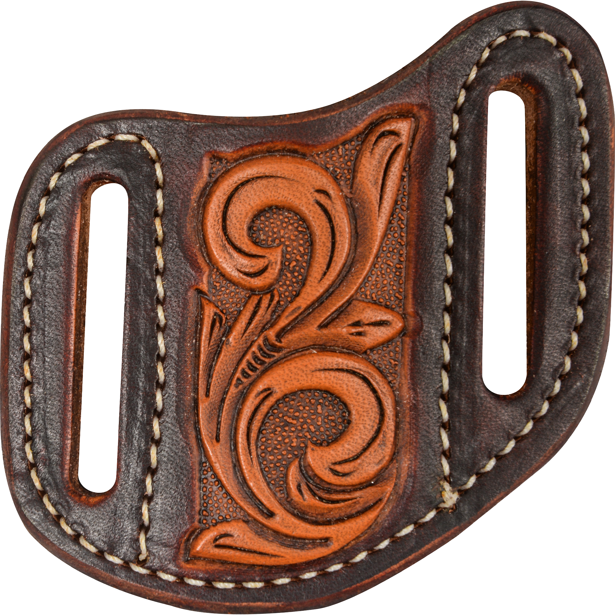 Dyed edge leather knife sheath with vine tooling, seen from the front. A natural tooled panel sits between dark dyed sides, each with a belt slot outlined in white stitching.