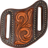 Dyed edge leather knife sheath with vine tooling, seen from the front. A natural tooled panel sits between dark dyed sides, each with a belt slot outlined in white stitching.