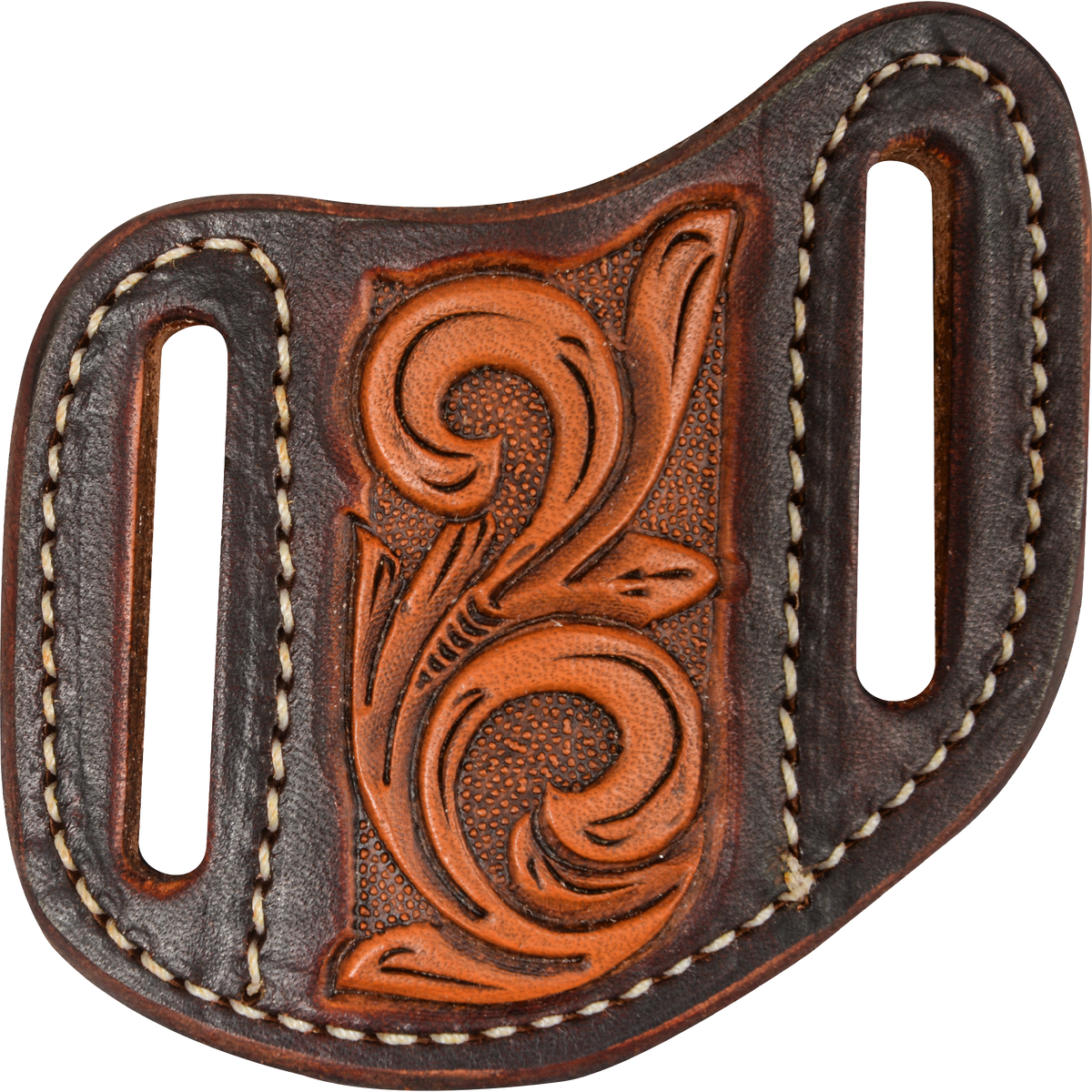 Dyed edge leather knife sheath with vine tooling, seen from the front. A natural tooled panel sits between dark dyed sides, each with a belt slot outlined in white stitching.