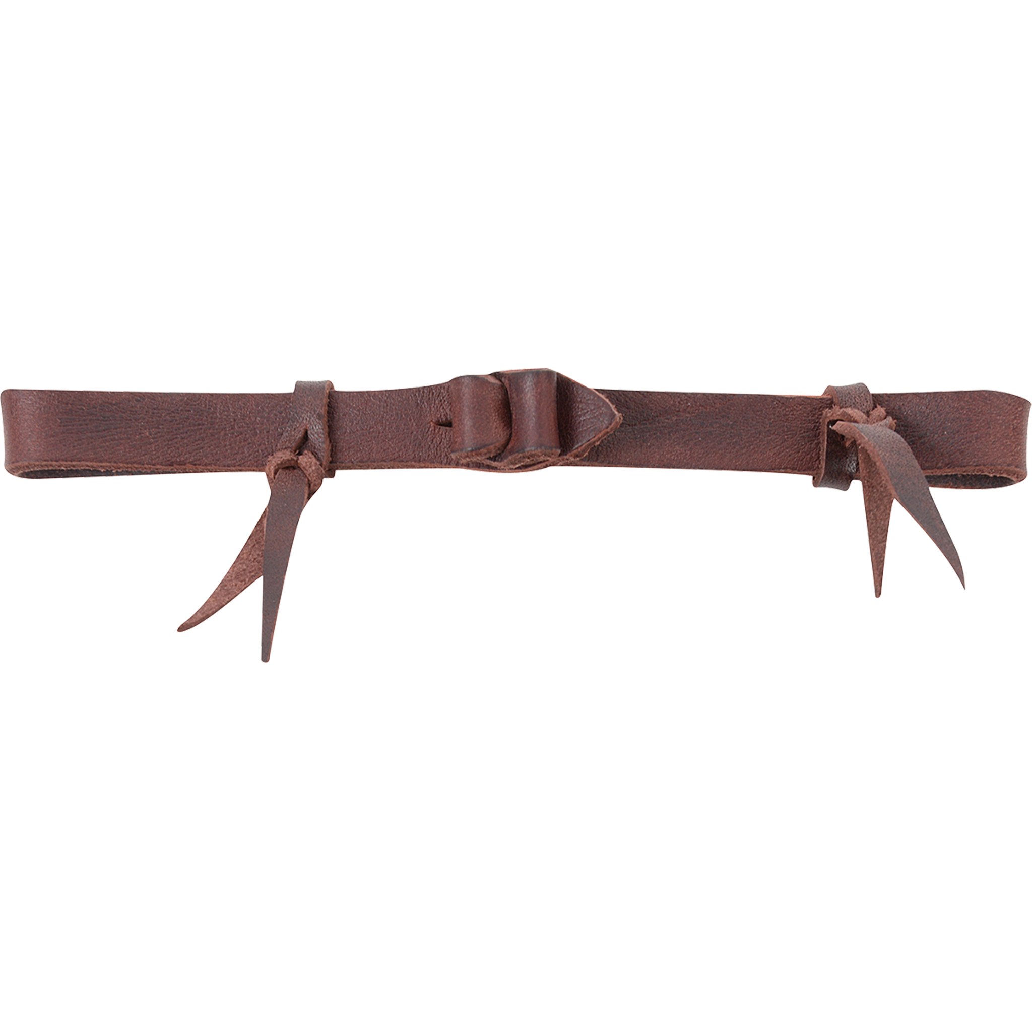 Latigo bit hobble with leather loops, laid out straight. The all-leather strap is tied with leather loops and a center keeper to keep the shanks of a bit working together as a unit.