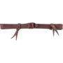 Latigo bit hobble with leather loops, laid out straight. The all-leather strap is tied with leather loops and a center keeper to keep the shanks of a bit working together as a unit.