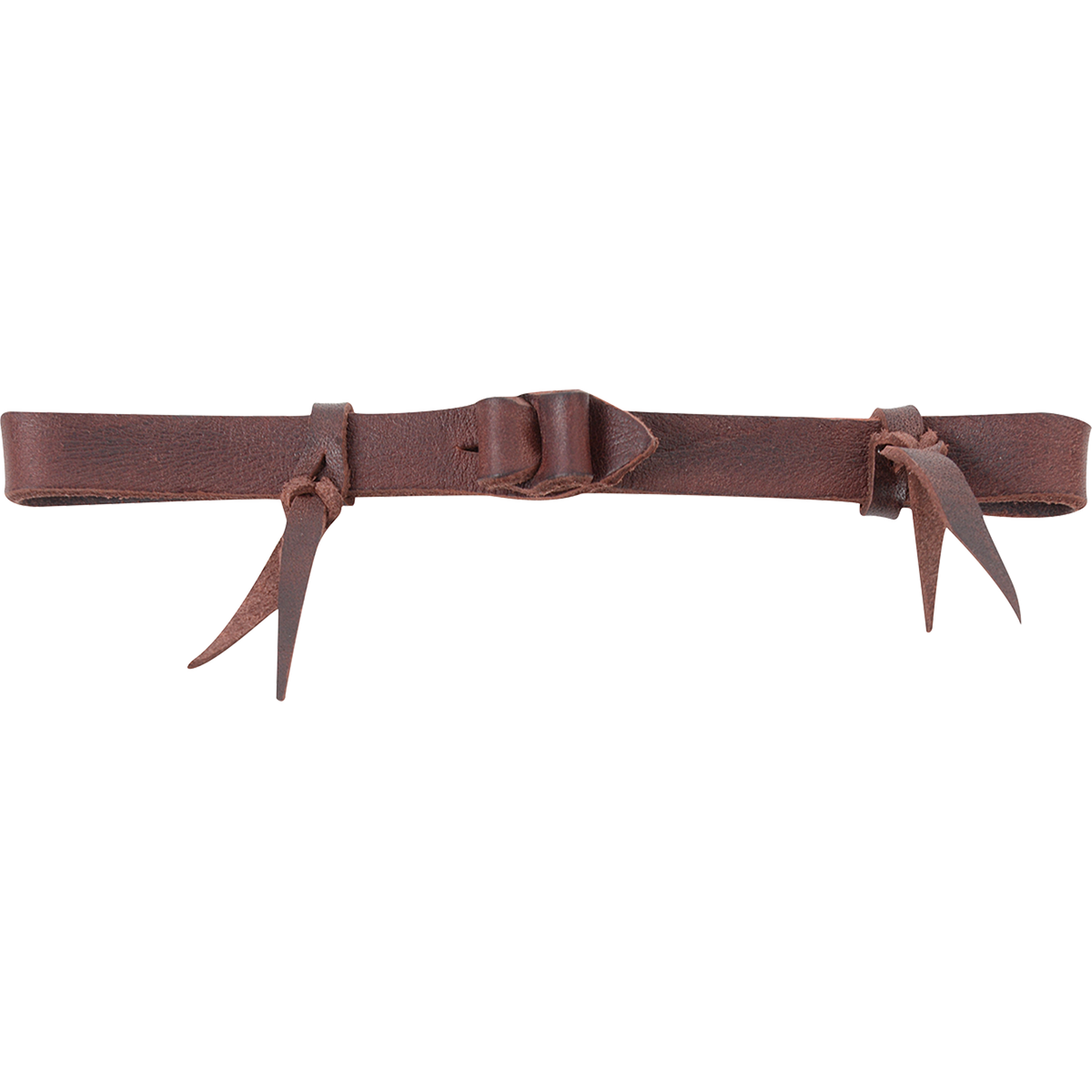 Latigo bit hobble with leather loops, laid out straight. The all-leather strap is tied with leather loops and a center keeper to keep the shanks of a bit working together as a unit.