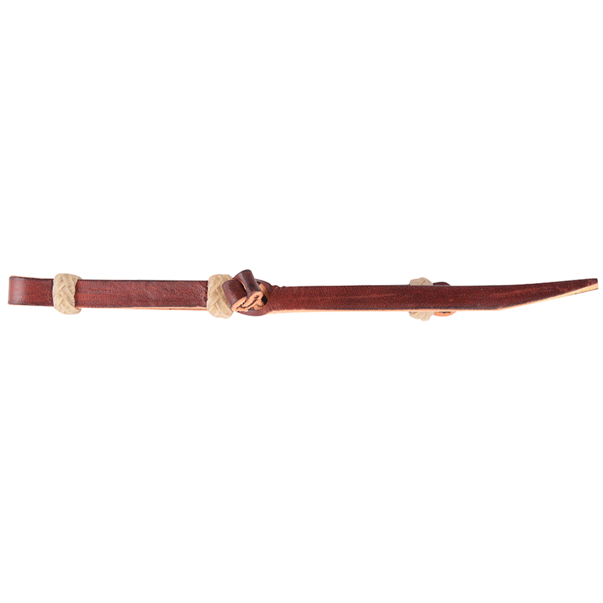 Latigo bit hobble with rawhide loops, laid out straight and seen from the side. The dark latigo leather strap is held by braided rawhide loops and keeps bit shanks working together.