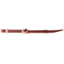Latigo bit hobble with rawhide loops, laid out straight and seen from the side. The dark latigo leather strap is held by braided rawhide loops and keeps bit shanks working together.