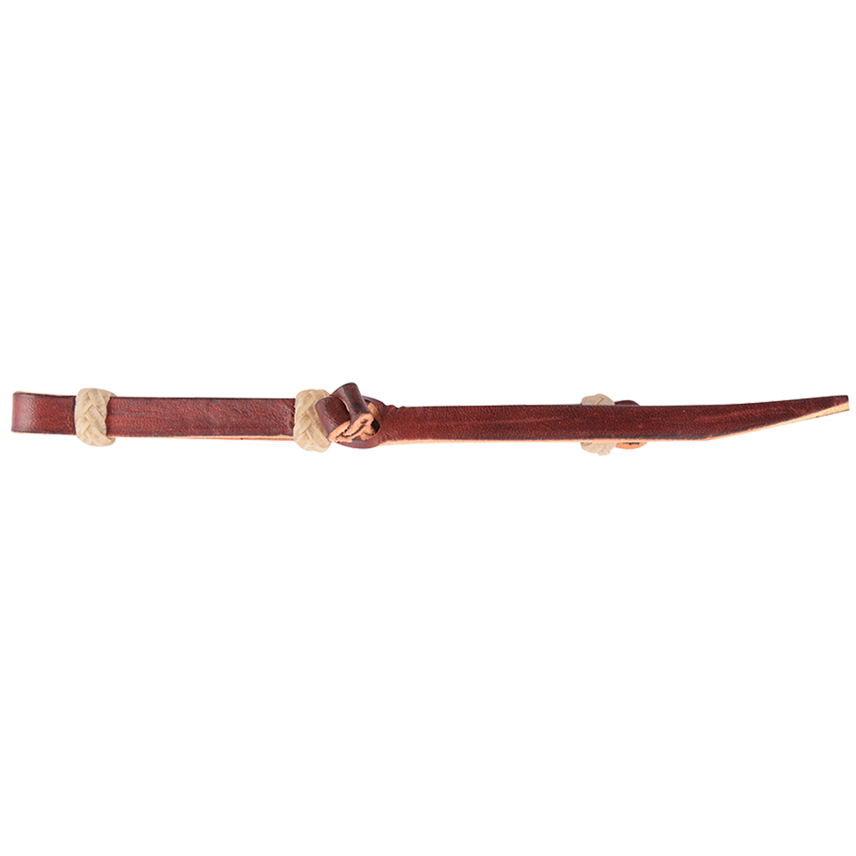 Latigo bit hobble with rawhide loops, laid out straight and seen from the side. The dark latigo leather strap is held by braided rawhide loops and keeps bit shanks working together.