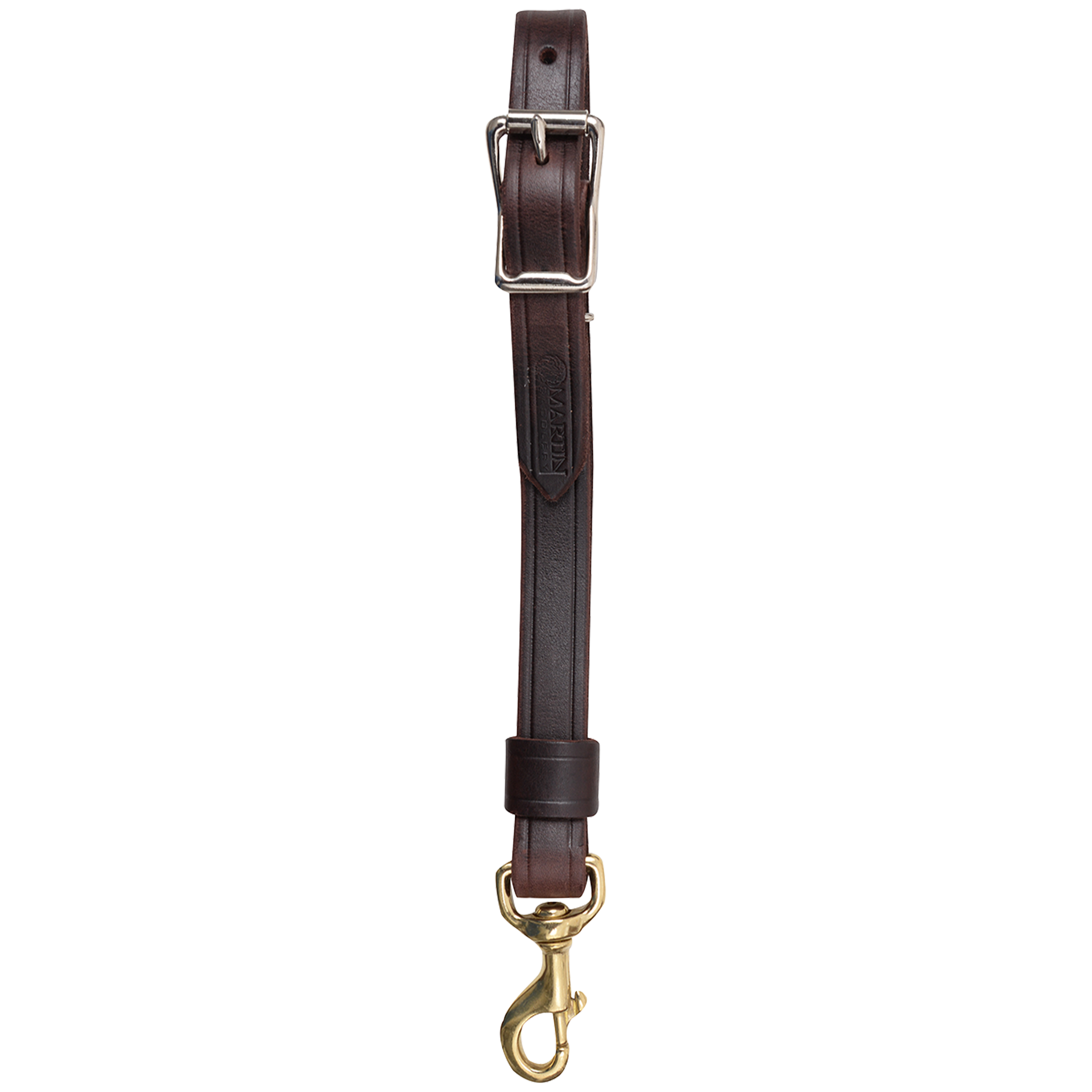 Latigo breastcollar center tug, seen hanging straight. The dark 1-inch strap has a buckle for adjustment at the top, a leather keeper and a snap at the bottom.