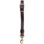 Latigo breastcollar center tug, seen hanging straight. The dark 1-inch strap has a buckle for adjustment at the top, a leather keeper and a snap at the bottom.
