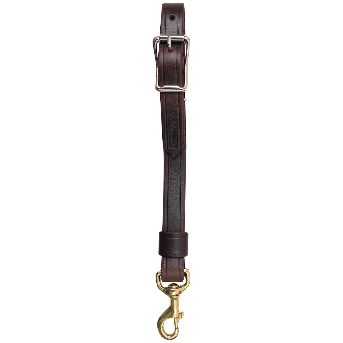 Latigo breastcollar center tug, seen hanging straight. The dark 1-inch strap has a buckle for adjustment at the top, a leather keeper and a snap at the bottom.