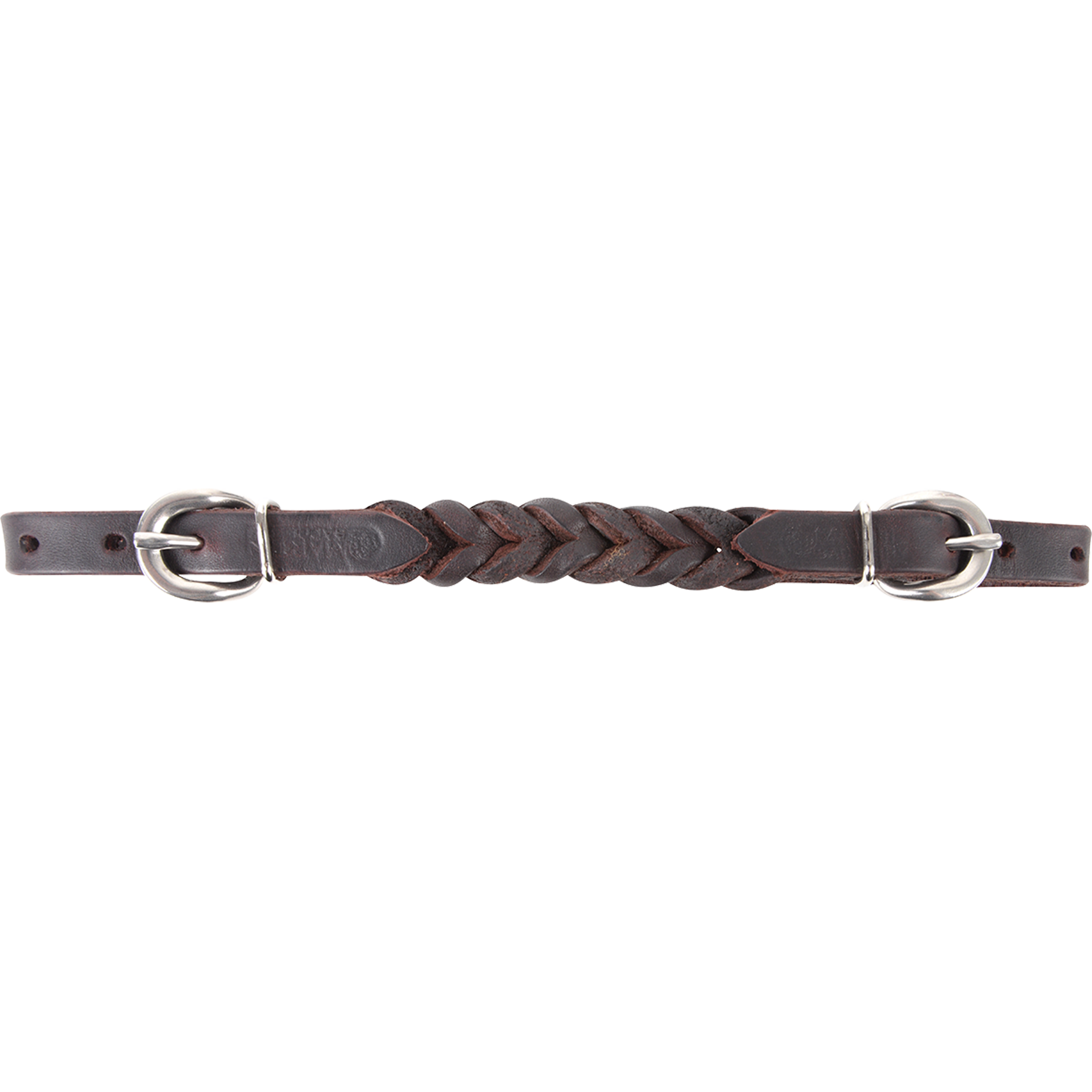 Latigo curb strap with blood knots, laid flat and seen from above. Braided blood knots form the center of the dark leather strap, with a buckle at each end.