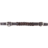 Latigo curb strap with blood knots, laid flat and seen from above. Braided blood knots form the center of the dark leather strap, with a buckle at each end.