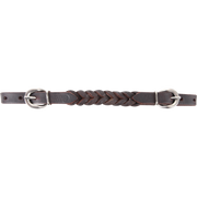 Latigo curb strap with blood knots, laid flat and seen from above. Braided blood knots form the center of the dark leather strap, with a buckle at each end.