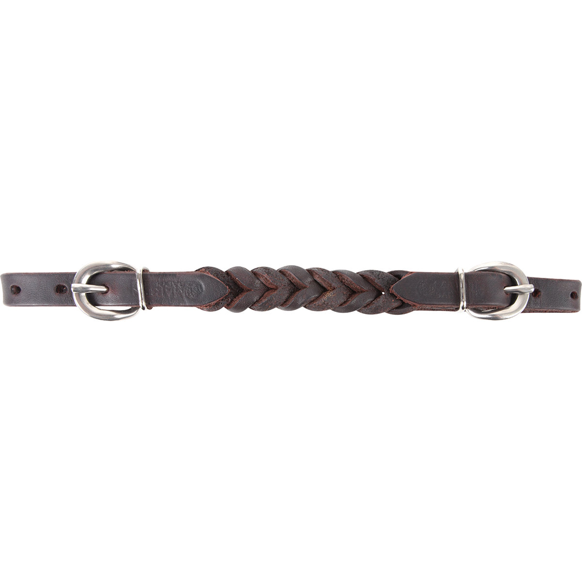 Latigo curb strap with blood knots, laid flat and seen from above. Braided blood knots form the center of the dark leather strap, with a buckle at each end.