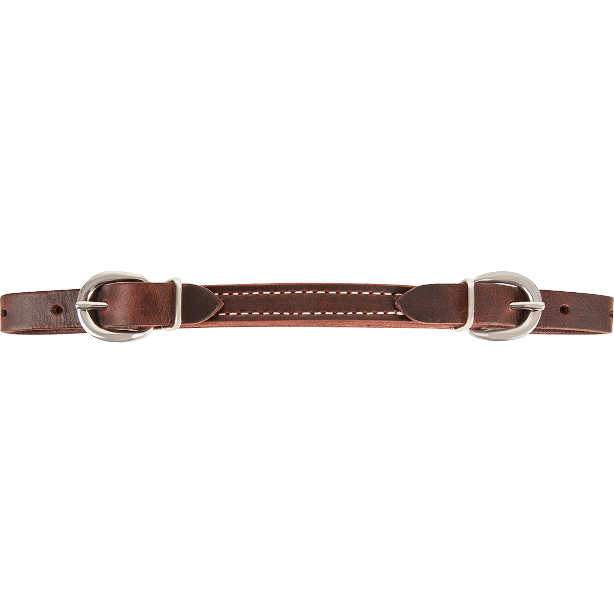 Latigo curb strap with double buckles, laid out straight. The dark latigo leather strap has a stitched center and a stainless steel buckle at each end to adjust the fit.