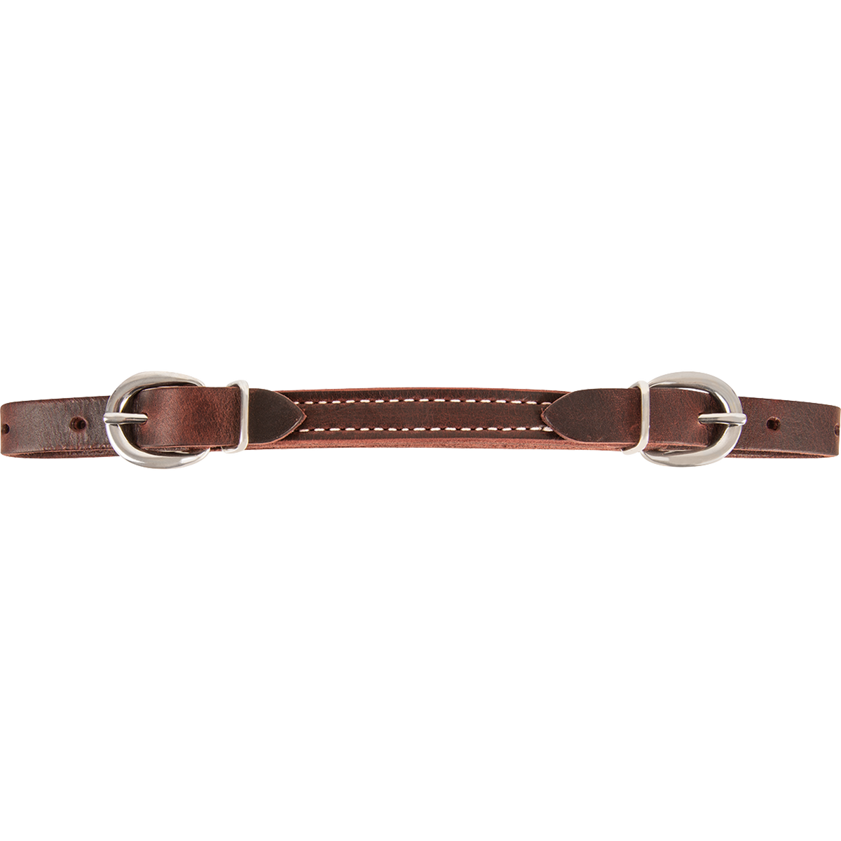 Latigo curb strap with double buckles, laid out straight. The dark latigo leather strap has a stitched center and a stainless steel buckle at each end to adjust the fit.