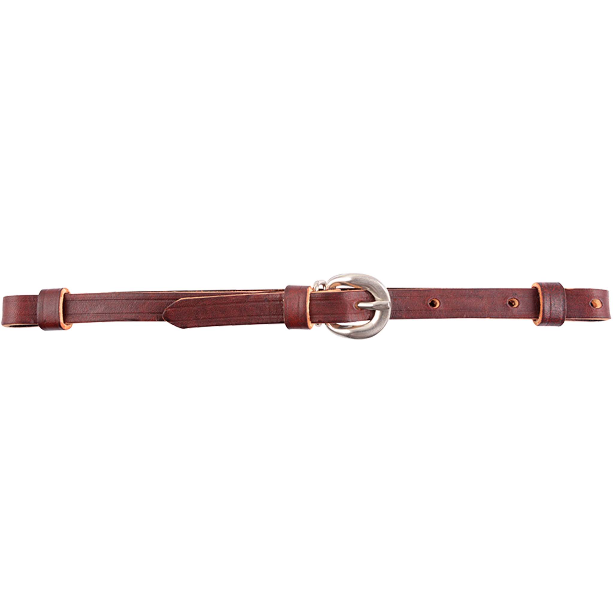 Latigo curb strap laid out straight. The dark latigo leather strap has a single stainless steel buckle at the center for length adjustments, with leather keepers at each end.