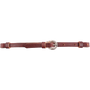 Latigo curb strap laid out straight. The dark latigo leather strap has a single stainless steel buckle at the center for length adjustments, with leather keepers at each end.