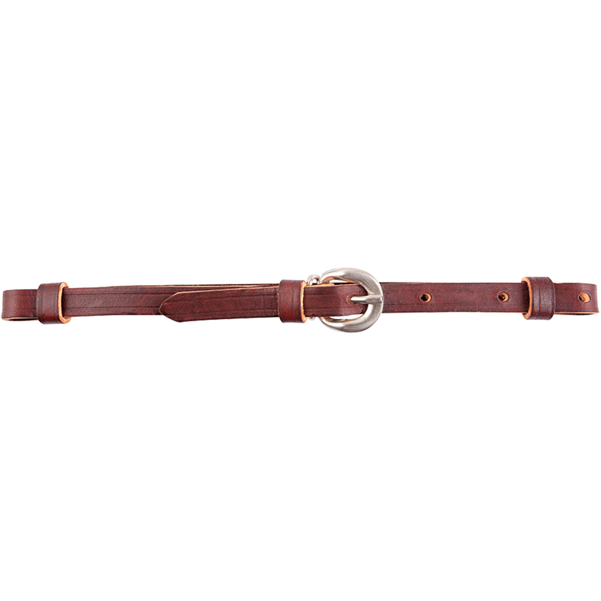 Latigo curb strap laid out straight. The dark latigo leather strap has a single stainless steel buckle at the center for length adjustments, with leather keepers at each end.