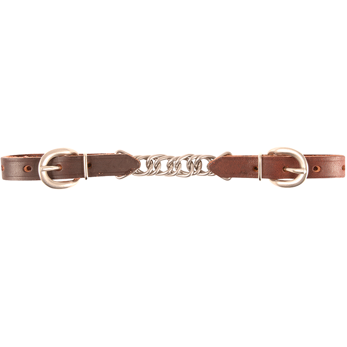 Latigo flat curb chain laid out straight. A flat stainless steel chain is centered between two pieces of dark latigo leather with stainless steel buckles for easy adjustments.