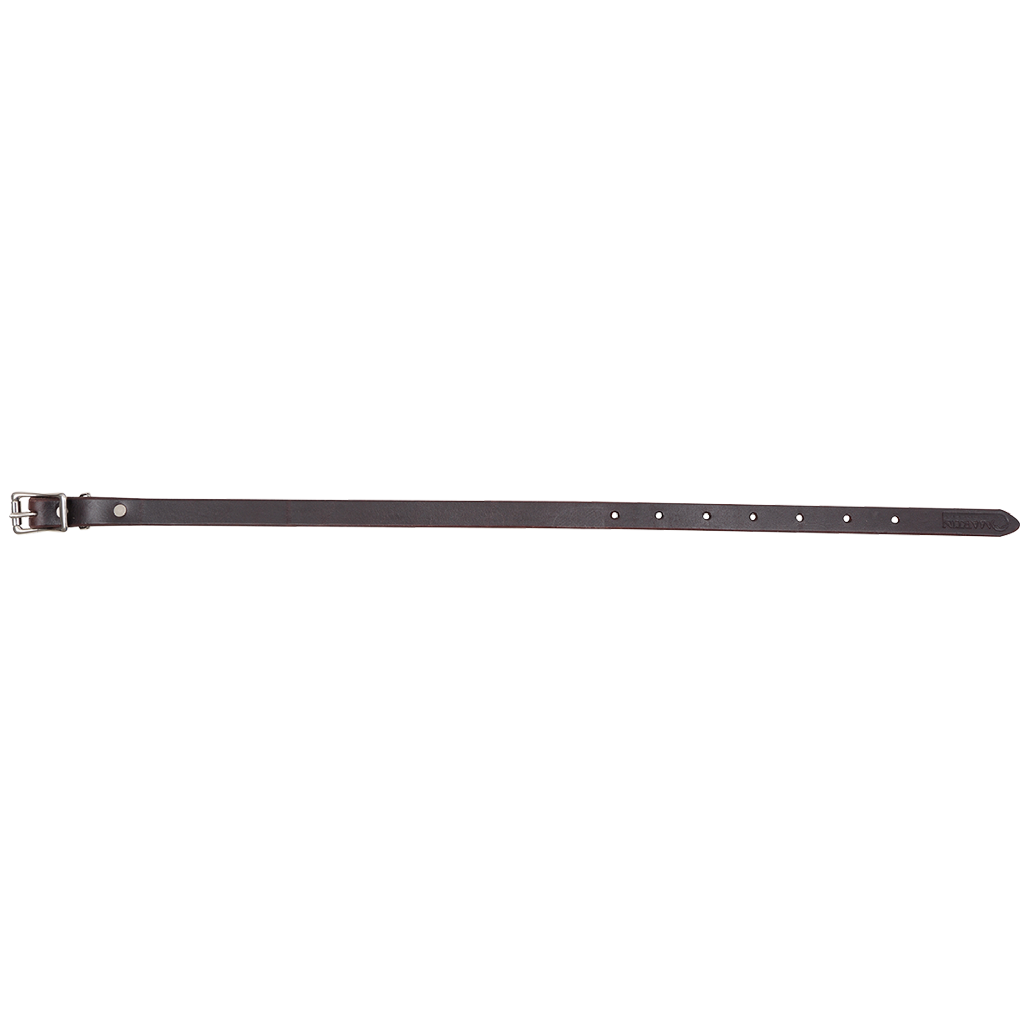 Latigo breastcollar tug, laid out straight and seen from above. The dark 3/4-inch latigo strap has a buckle at one end and a row of adjustment holes.