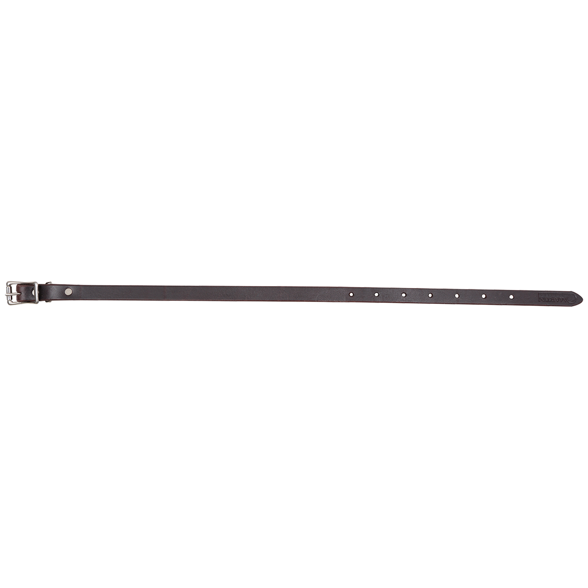 Latigo breastcollar tug, laid out straight and seen from above. The dark 3/4-inch latigo strap has a buckle at one end and a row of adjustment holes.
