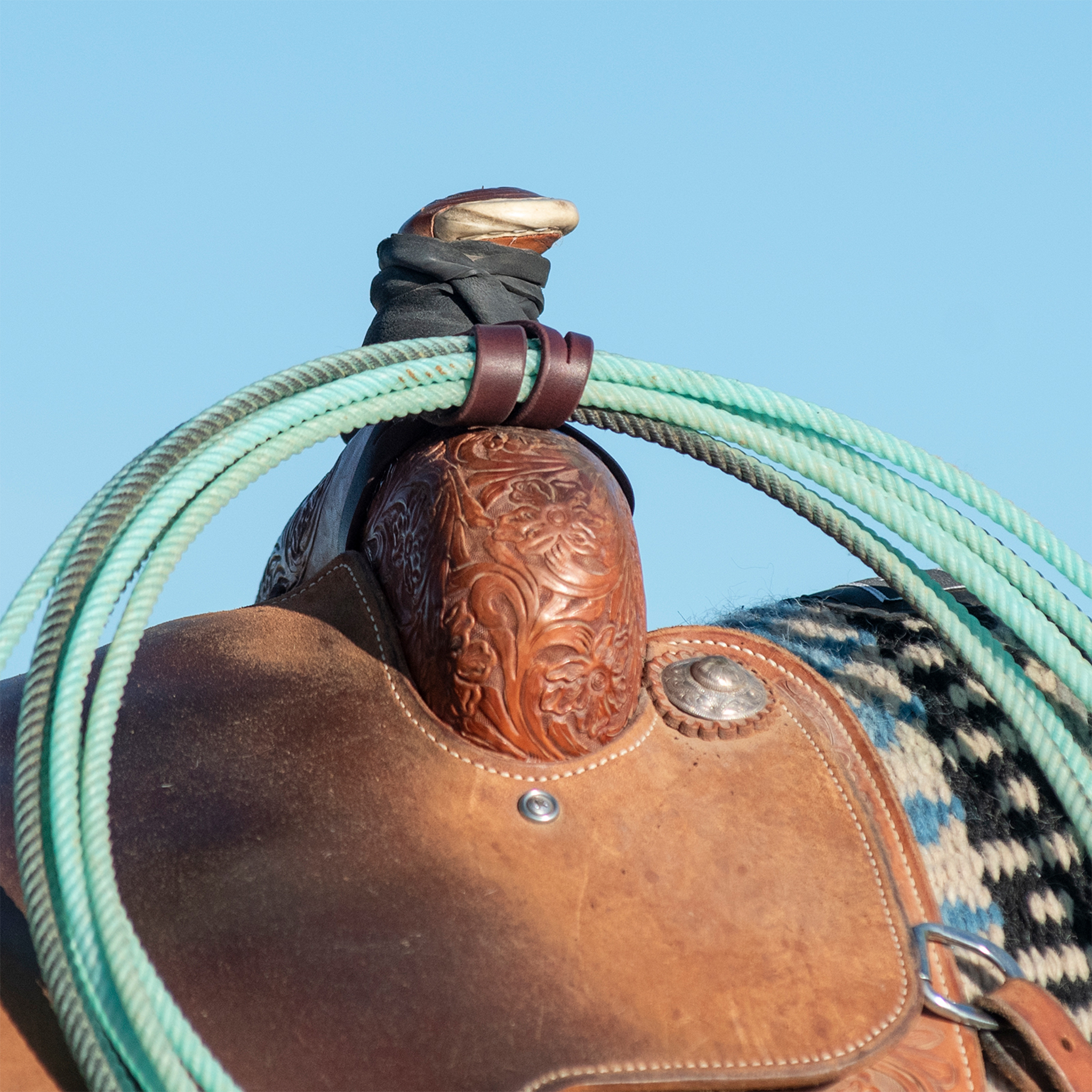 Latigo rope strap from Martin Saddlery holding a coiled green rope at the horn of a tooled saddle, against a blue sky. The dark leather strap wraps around the rope coils.