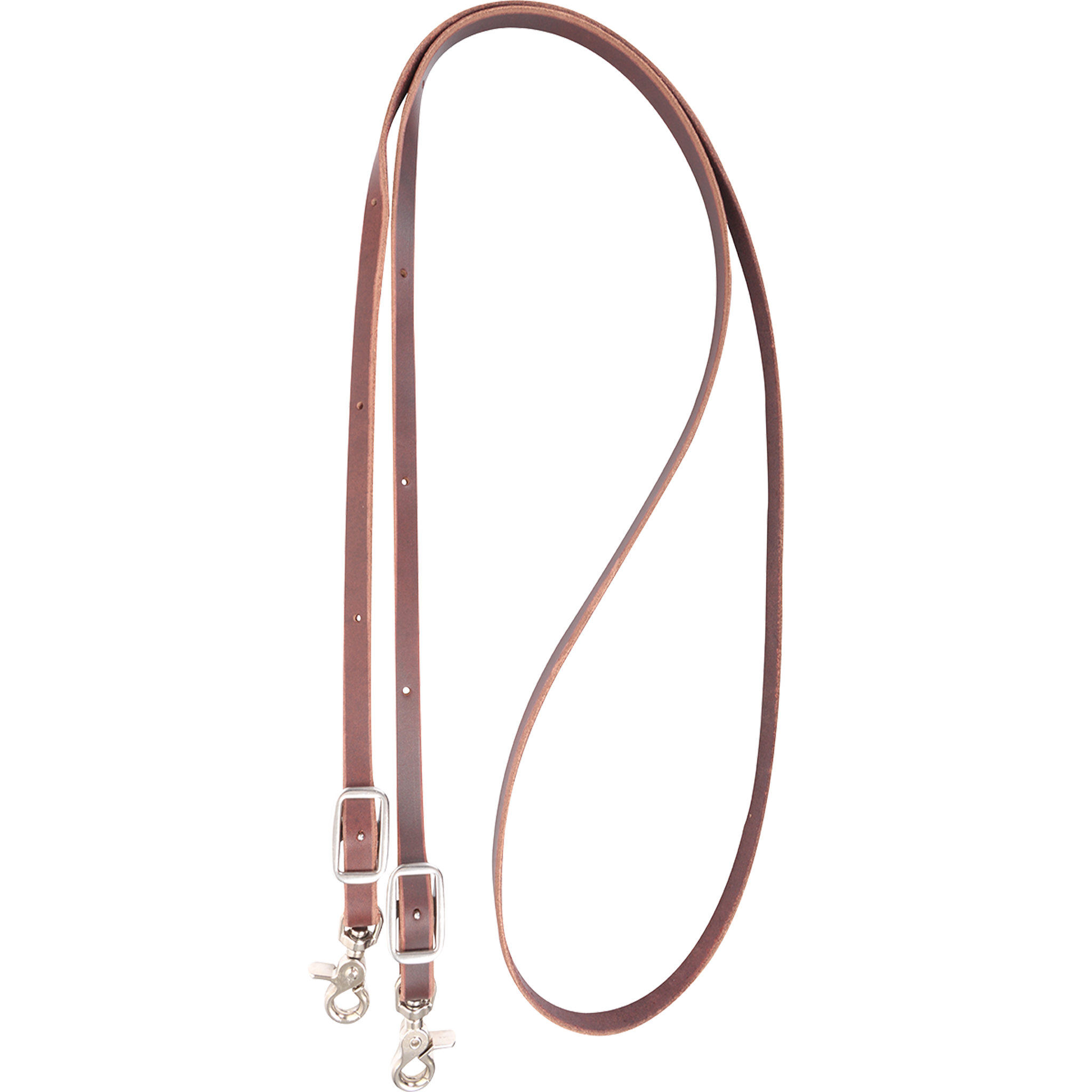 Chocolate latigo roping rein, looped and seen from above. The 1/2-inch latigo leather rein ends in buckles and snaps for quick bridle changes.