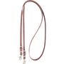 Chocolate latigo roping rein, looped and seen from above. The 1/2-inch latigo leather rein ends in buckles and snaps for quick bridle changes.