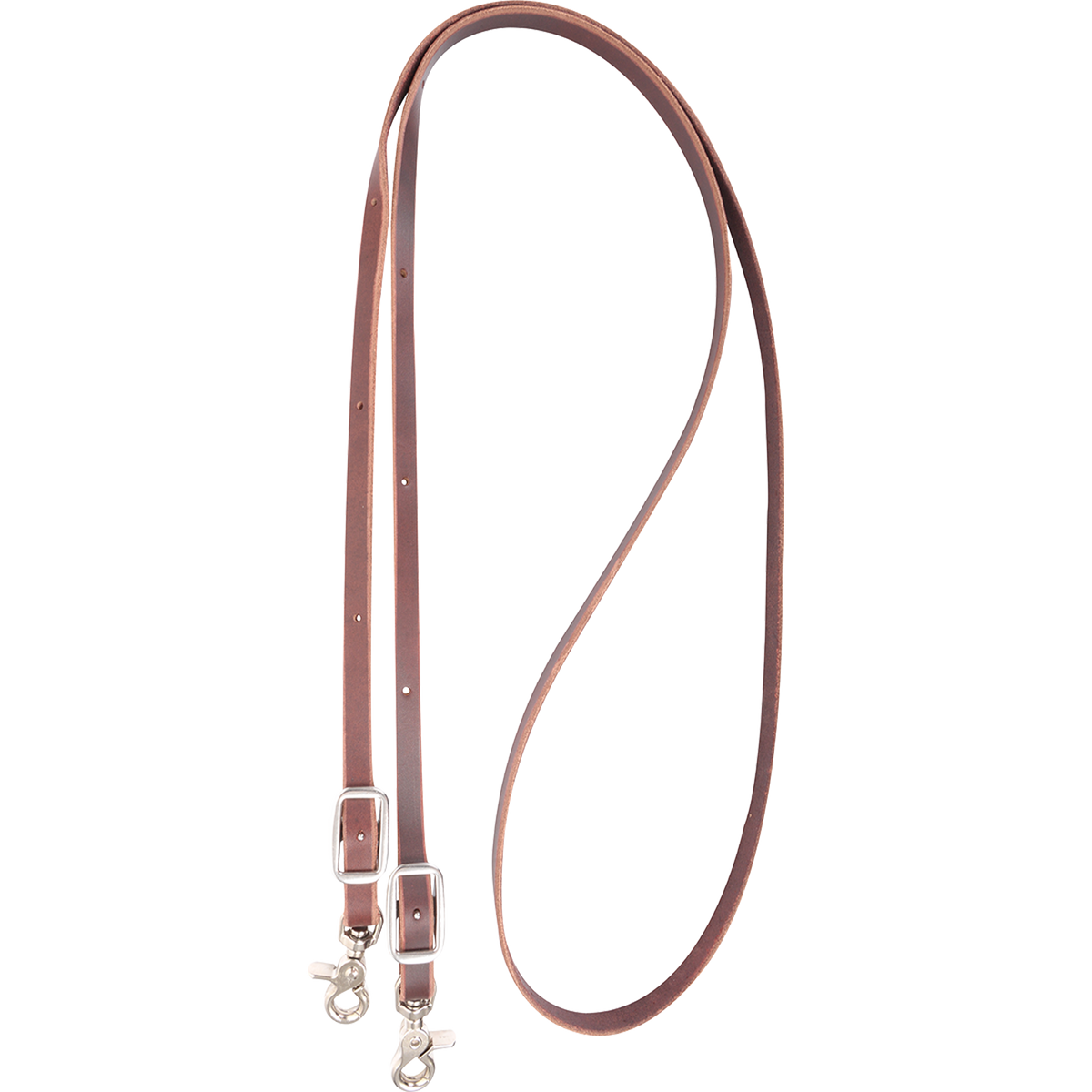 Chocolate latigo roping rein, looped and seen from above. The 1/2-inch latigo leather rein ends in buckles and snaps for quick bridle changes.