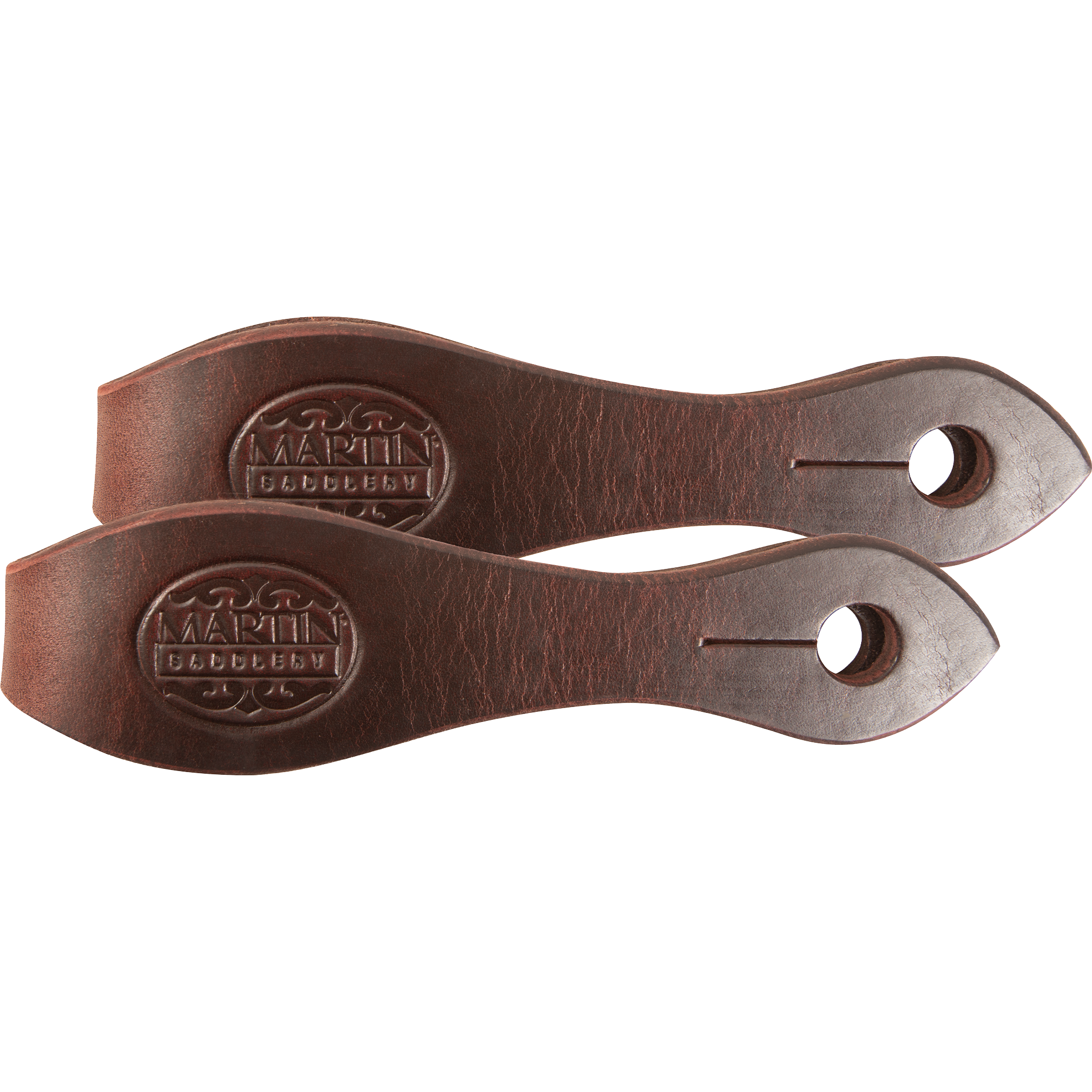 Chocolate latigo slobber straps, laid side by side and seen from above. The dark latigo leather carries a Martin Saddlery stamp and a slotted hole at each pointed end.