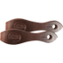 Chocolate latigo slobber straps, laid side by side and seen from above. The dark latigo leather carries a Martin Saddlery stamp and a slotted hole at each pointed end.