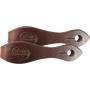 Chocolate latigo slobber straps, laid side by side and seen from above. The dark latigo leather carries a Martin Saddlery stamp and a slotted hole at each pointed end.